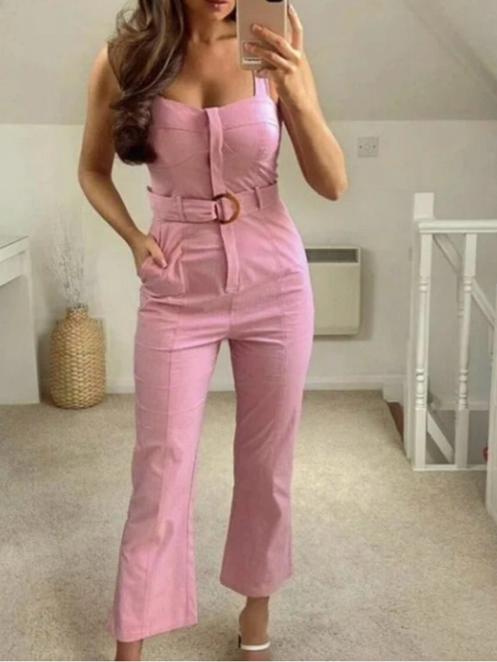 ZARA Pink Bustier-Style Light Stretch Cotton Blend Fitted Jumpsuit
